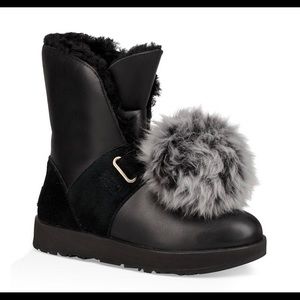 Ugg Isley Waterproof Leather Suede Pom Pom Boots